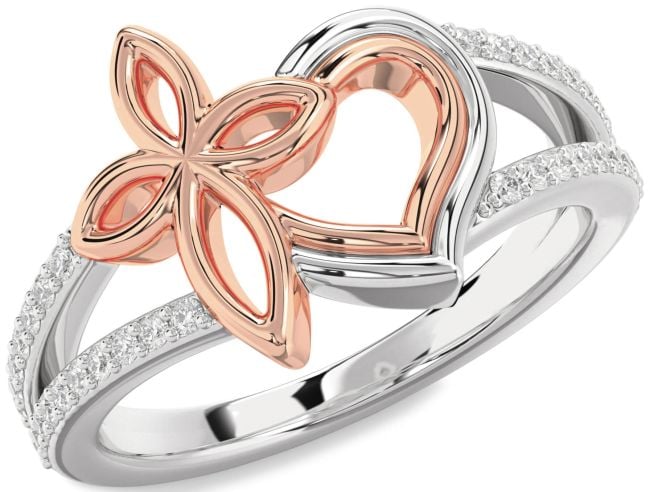 Diamond Silver & 10K Rose Gold Heart Cross Ring