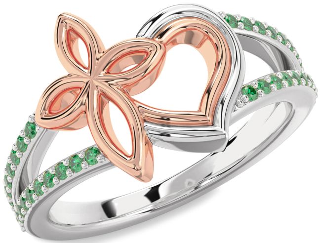 Emerald Rose Gold Silver Heart Cross Ring