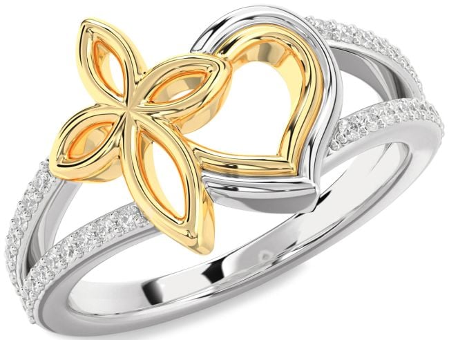 Diamond White Yellow Gold Heart Cross Ring