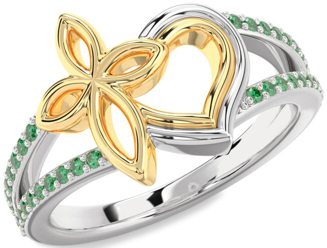 Emerald Gold Silver Heart Cross Ring