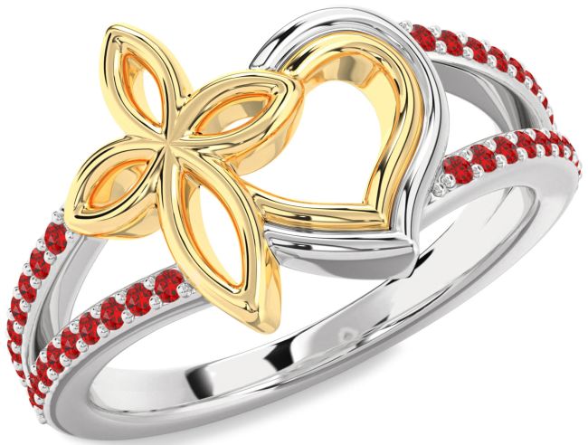 Ruby Gold Silver Heart Cross Ring