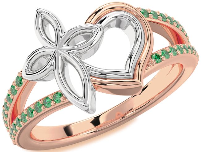 Emerald Rose Gold Silver Heart Cross Ring