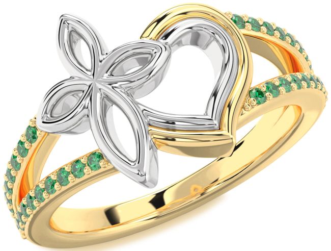 Emerald Gold Silver Heart Cross Ring