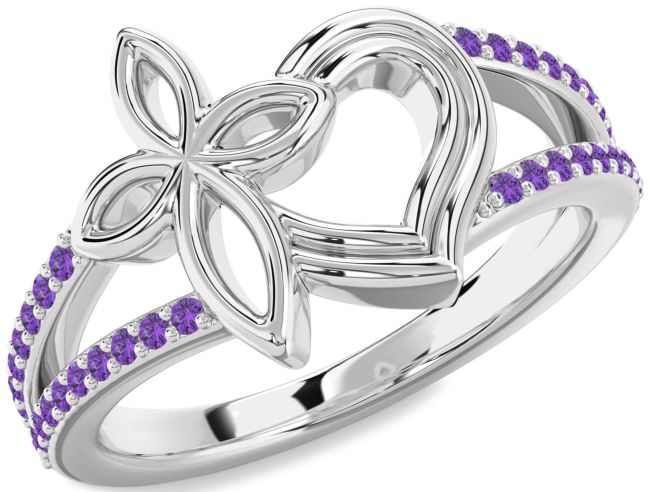 Amethyst Silver Heart Cross Ring