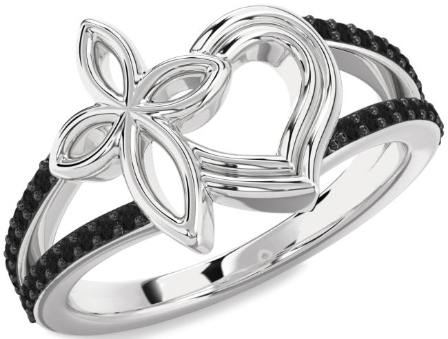 Black Diamond Silver Heart Cross Ring