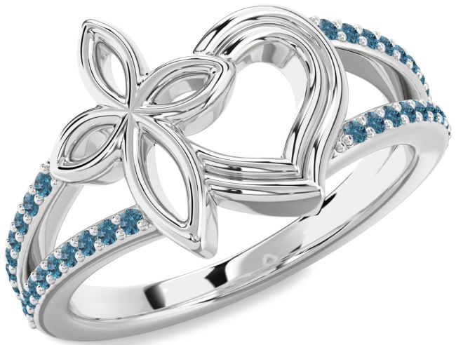 Blue Diamond Silver Heart Cross Ring