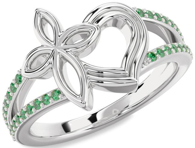 Emerald Silver Heart Cross Ring