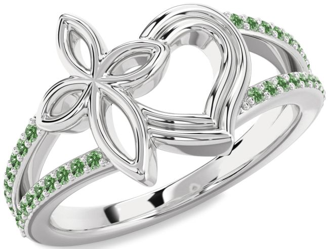 Green Diamond Silver Heart Cross Ring