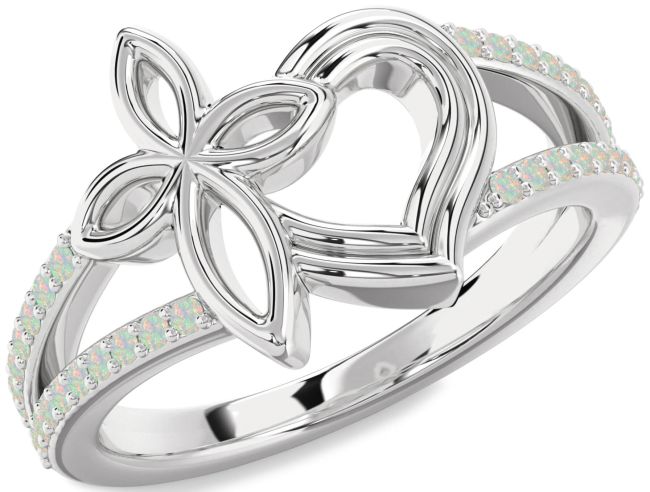 Opal Silver Heart Cross Ring