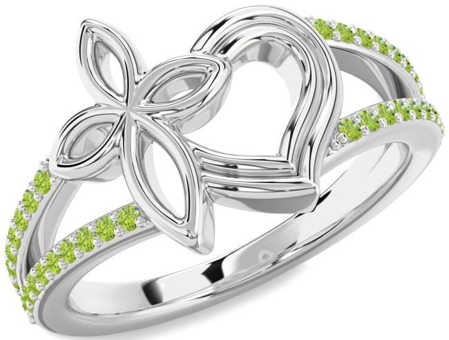 Peridot Silver Heart Cross Ring