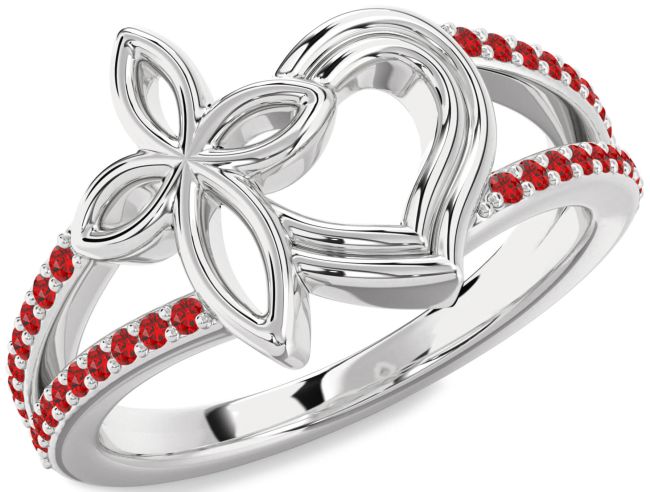 Ruby Silver Heart Cross Ring