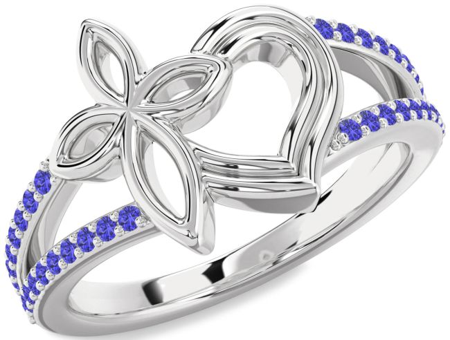 Tanzanite Silver Heart Cross Ring