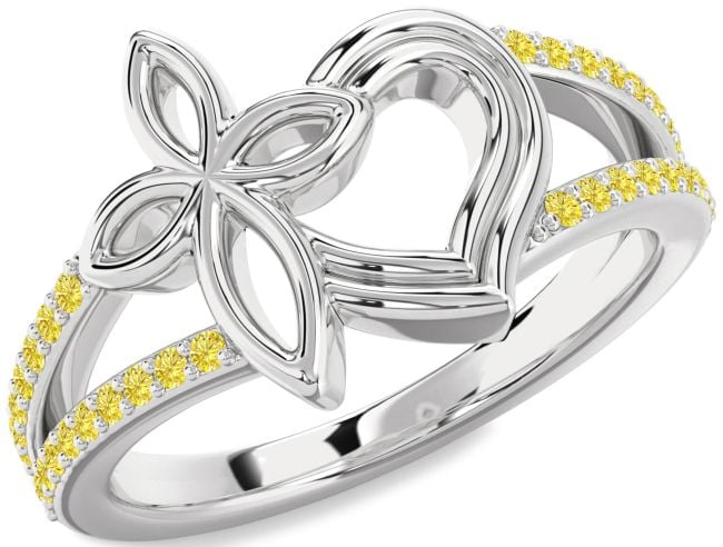 Yellow Diamond Silver Heart Cross Ring