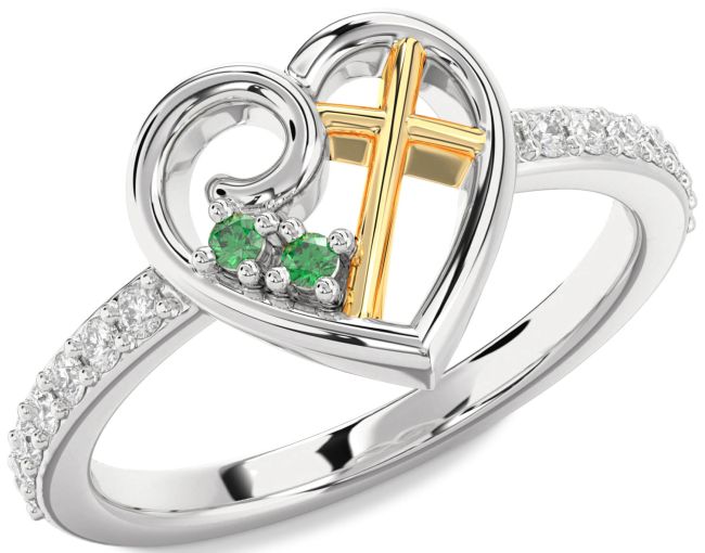 Diamond Emerald Gold Silver Heart Cross Ring