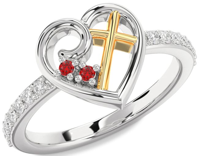 Diamond Ruby Gold Silver Heart Cross Ring
