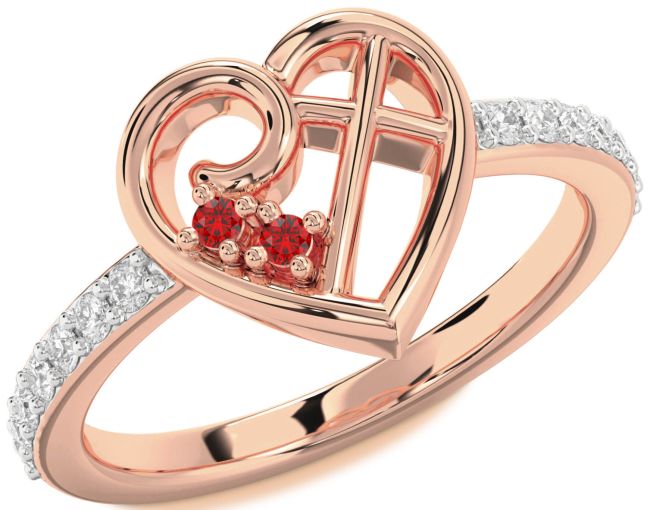 Diamond Ruby Rose Gold Heart Cross Ring
