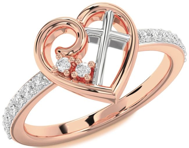 Diamond Rose Gold Silver Heart Cross Ring
