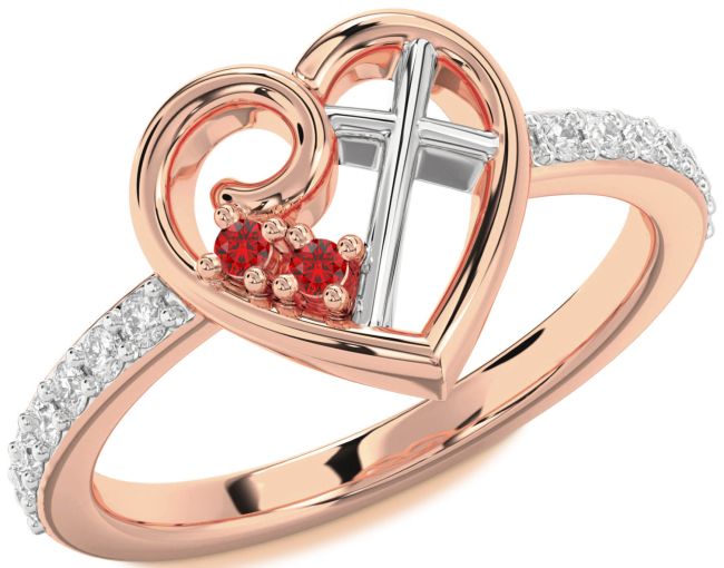 Diamond Ruby Rose Gold Silver Heart Cross Ring