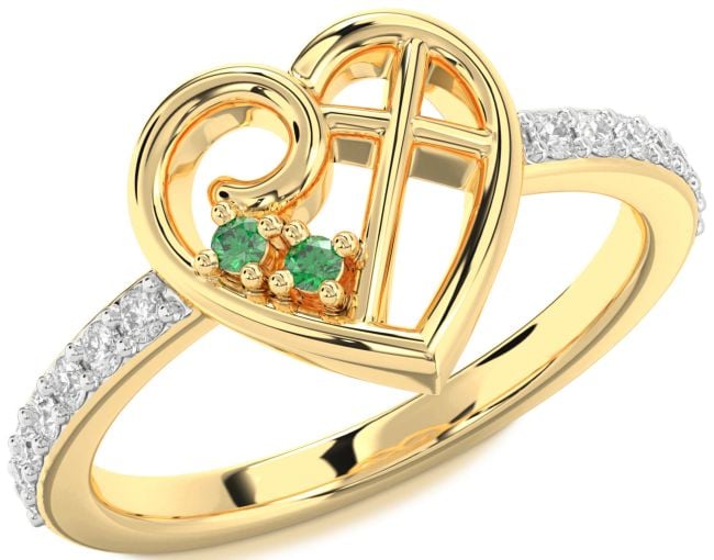 Diamond Emerald Gold Heart Cross Ring