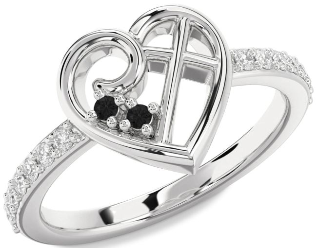 Black Diamond Silver Heart Cross Ring