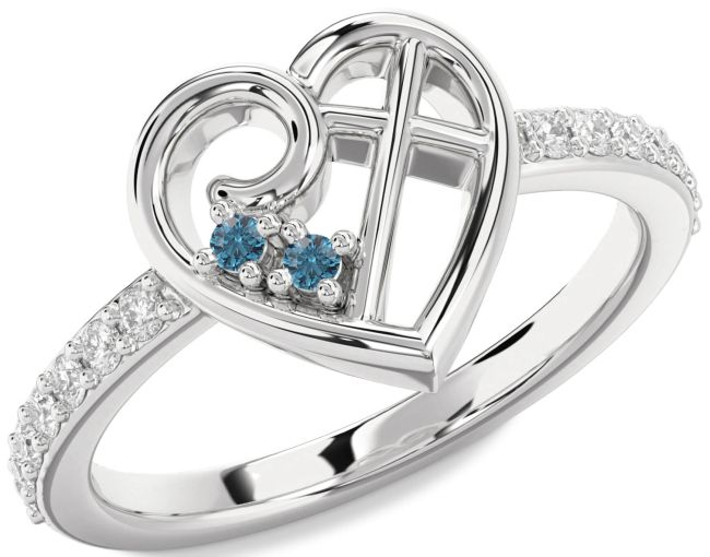 Blue Diamond Silver Heart Cross Ring
