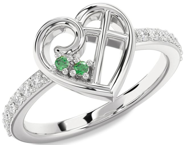 Diamond Emerald Silver Heart Cross Ring