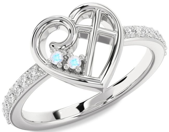 Diamond Moonstone Silver Heart Cross Ring