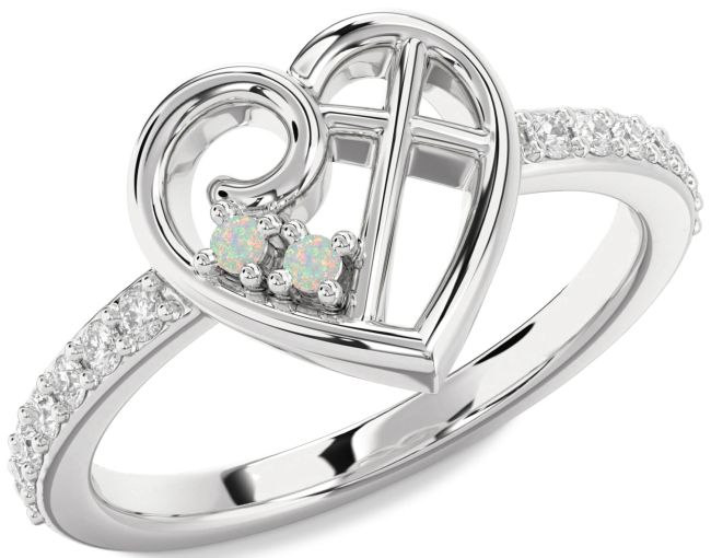 Diamond Opal Silver Heart Cross Ring