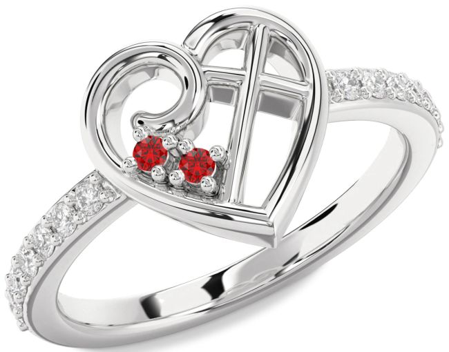 Diamond Ruby Silver Heart Cross Ring