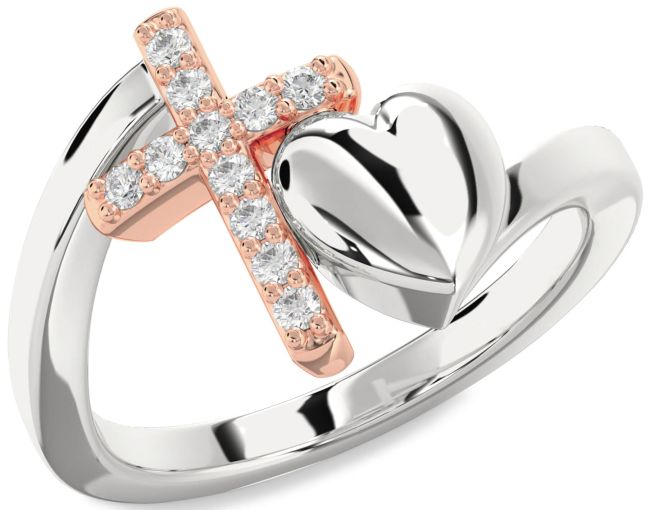 Diamond Silver & 10K Rose Gold Heart Cross Ring