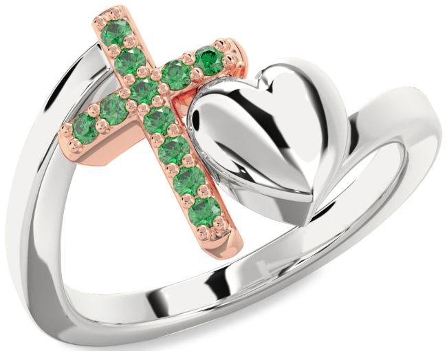 Emerald Rose Gold Silver Heart Cross Ring