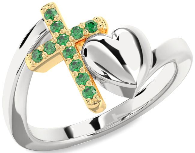Emerald Gold Silver Heart Cross Ring