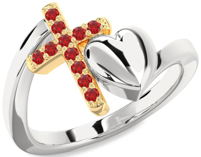 Ruby Gold Silver Heart Cross Ring