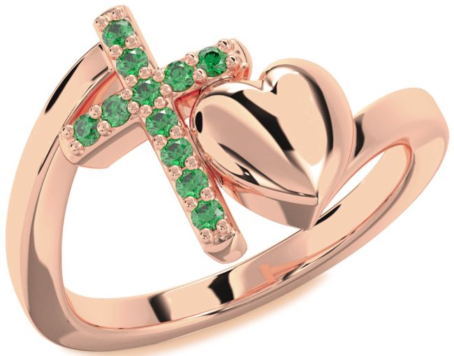 Emerald Rose Gold Heart Cross Ring