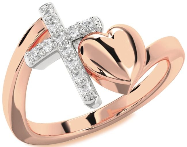 Diamond White Rose Gold Heart Cross Ring
