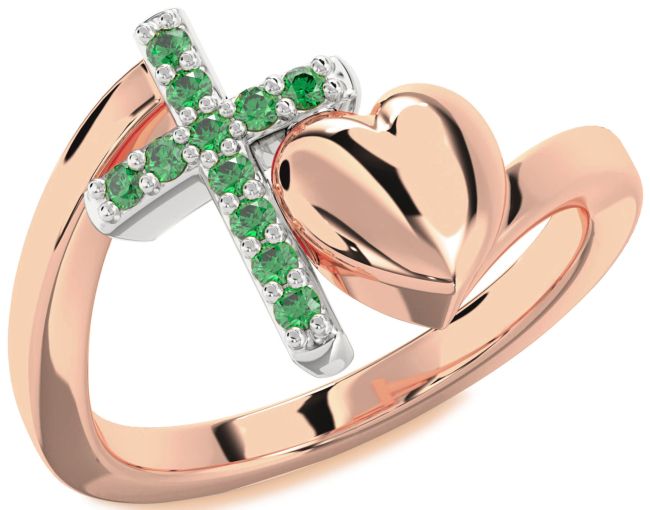 Emerald Rose Gold Silver Heart Cross Ring