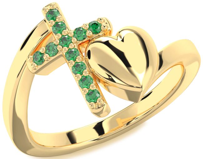Emerald Gold Silver Heart Cross Ring