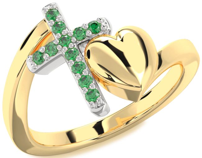 Emerald Gold Silver Heart Cross Ring