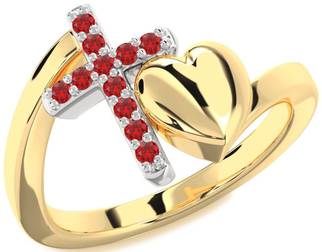 Ruby Gold Silver Heart Cross Ring