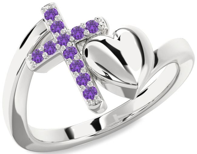 Amethyst Silver Heart Cross Ring
