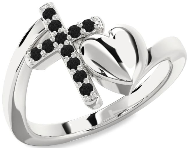 Black Diamond Silver Heart Cross Ring
