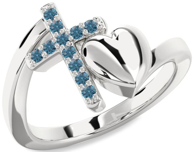 Blue Diamond Silver Heart Cross Ring