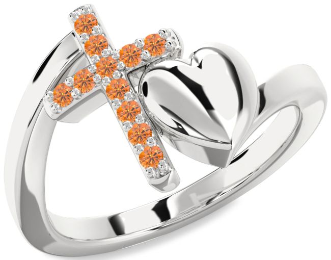 Citrine Silver Heart Cross Ring