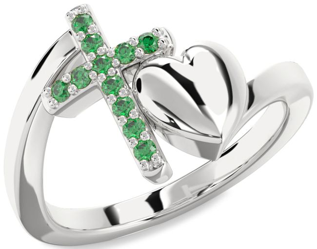 Emerald Silver Heart Cross Ring
