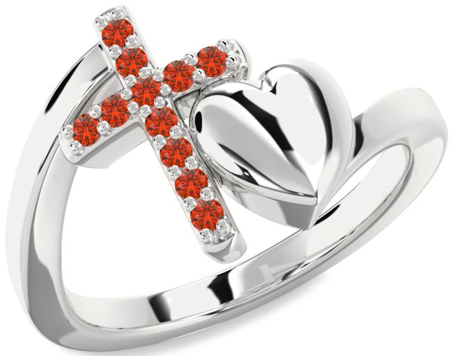 Fire Opal Silver Heart Cross Ring