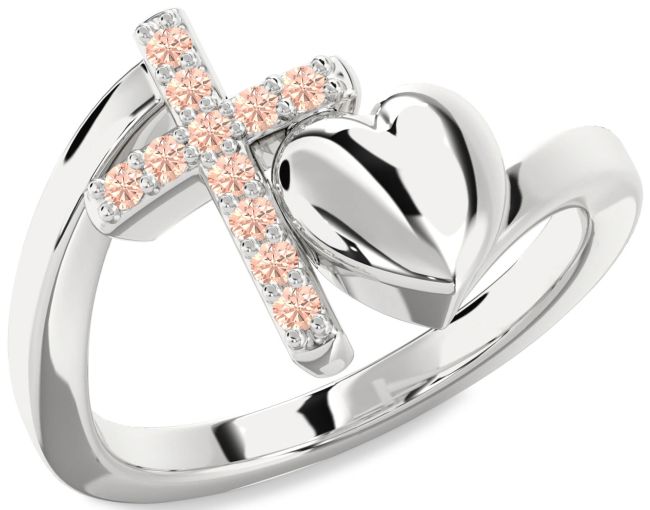 Morganite Silver Heart Cross Ring