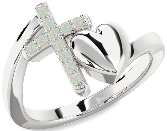 Opal Silver Heart Cross Ring
