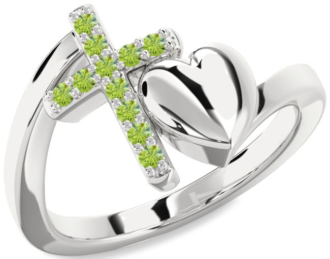 Peridot Silver Heart Cross Ring