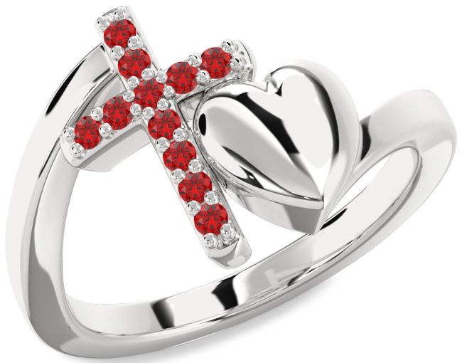 Ruby Silver Heart Cross Ring