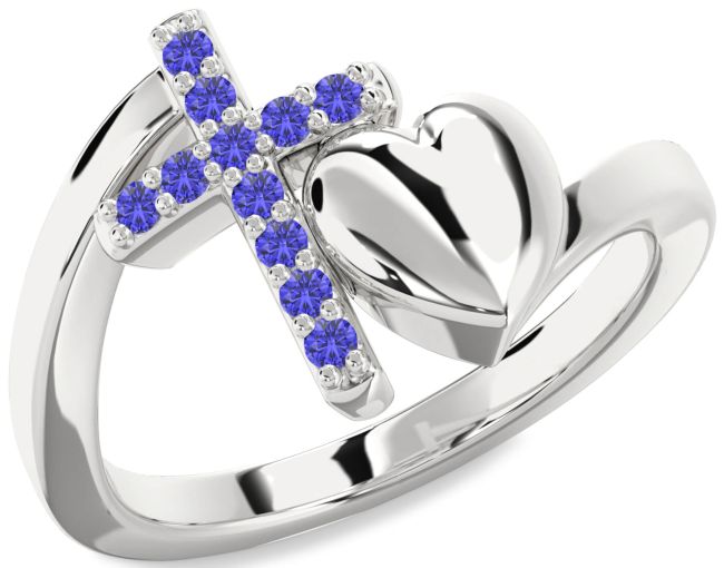 Tanzanite Silver Heart Cross Ring